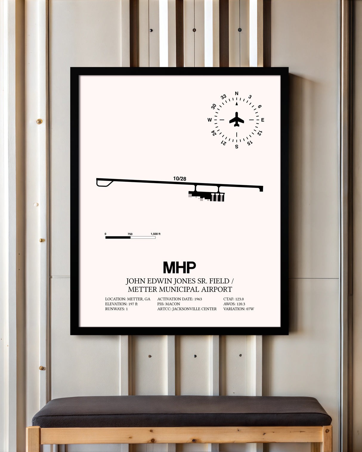 John Edwin Jones Sr Field / Metter Municipal Airport framed poster displayed in an airplane hangar