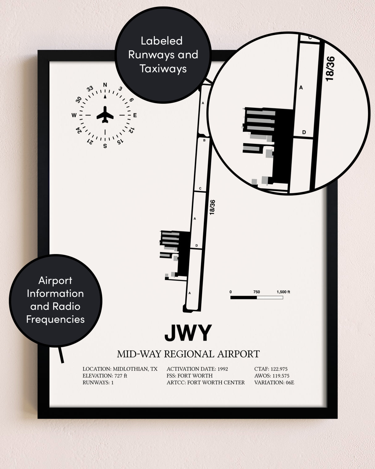 Framed Mid-Way Regional Airport layout wall art poster