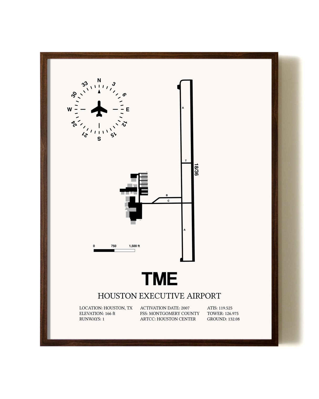 Houston Executive Airport aviation print in walnut frame