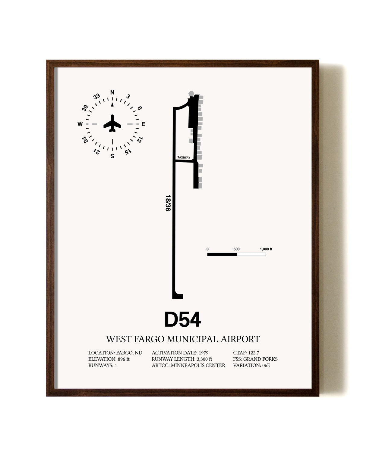 West Fargo Municipal Airport aviation print in walnut frame