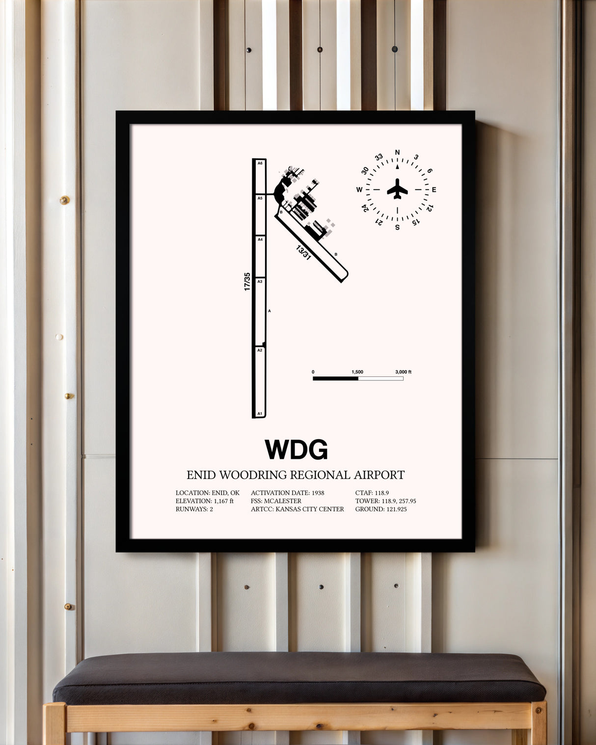 Enid Woodring Regional Airport framed poster displayed in an airplane hangar