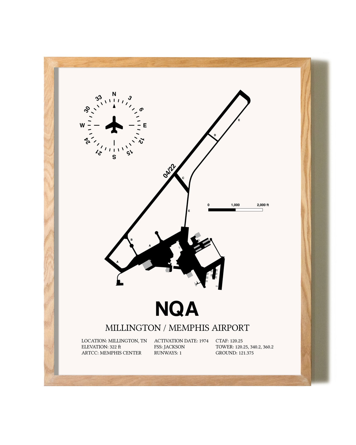 Millington / Memphis Airport framed print in natural wood frame