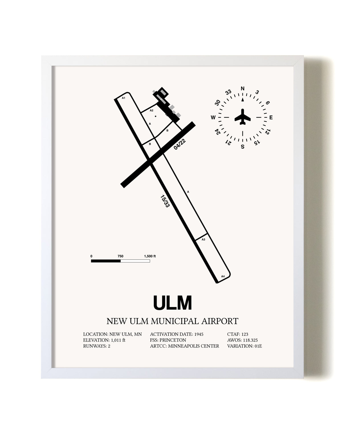 New Ulm Municipal Airport airport map poster in oak frame