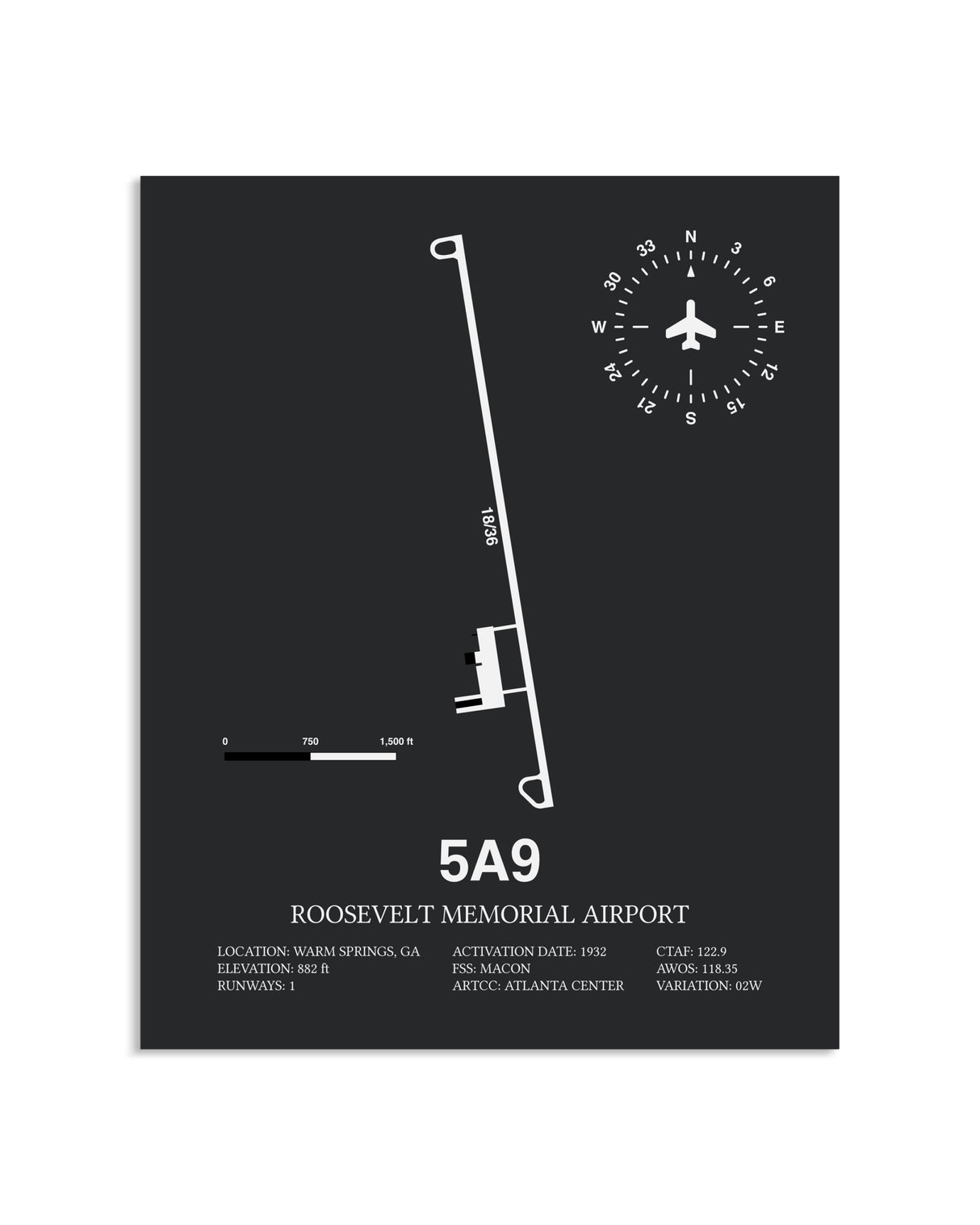 Gray Framed Roosevelt Memorial Airport layout wall art poster