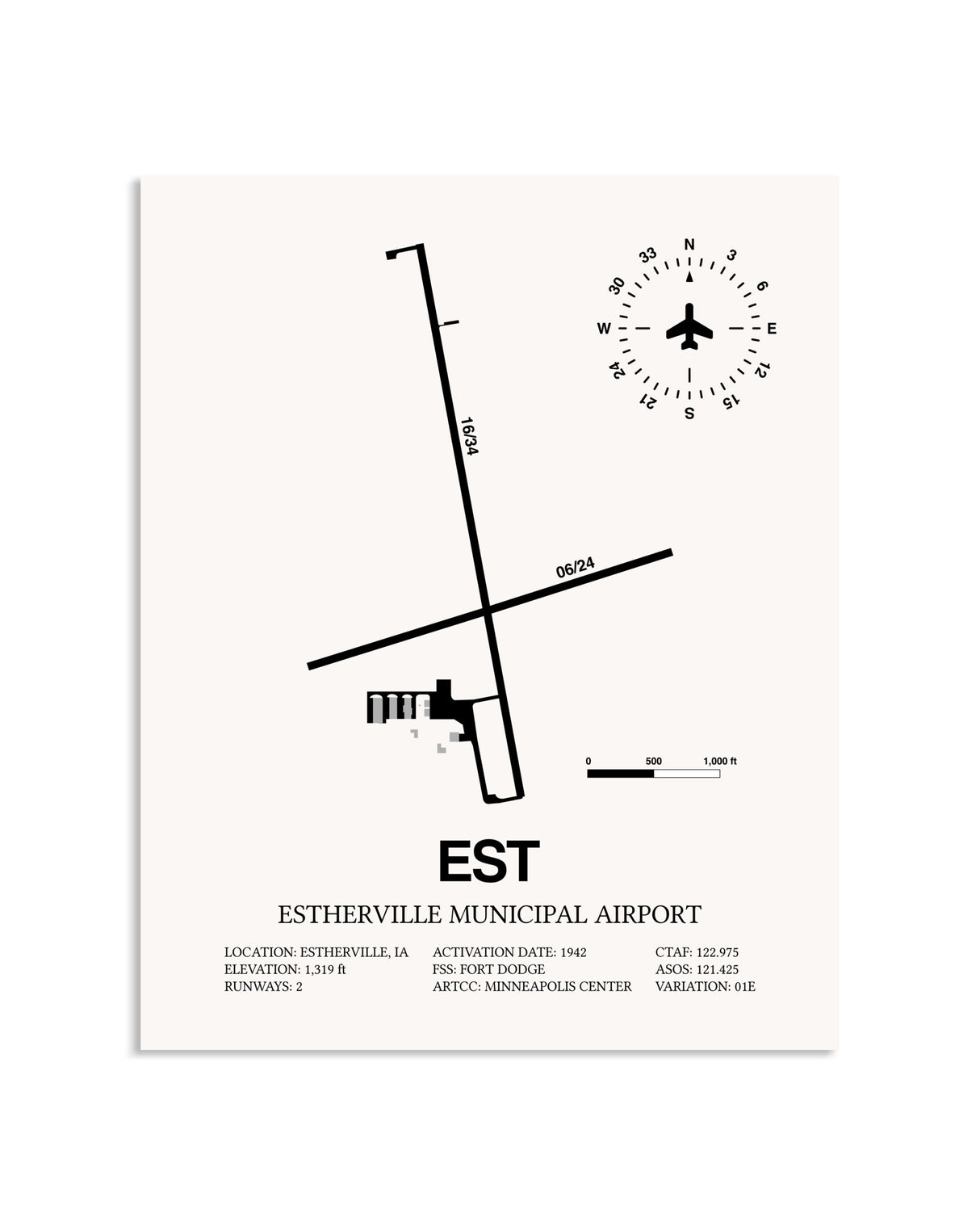 Gray Estherville Municipal Airport framed poster displayed in an airplane hangar