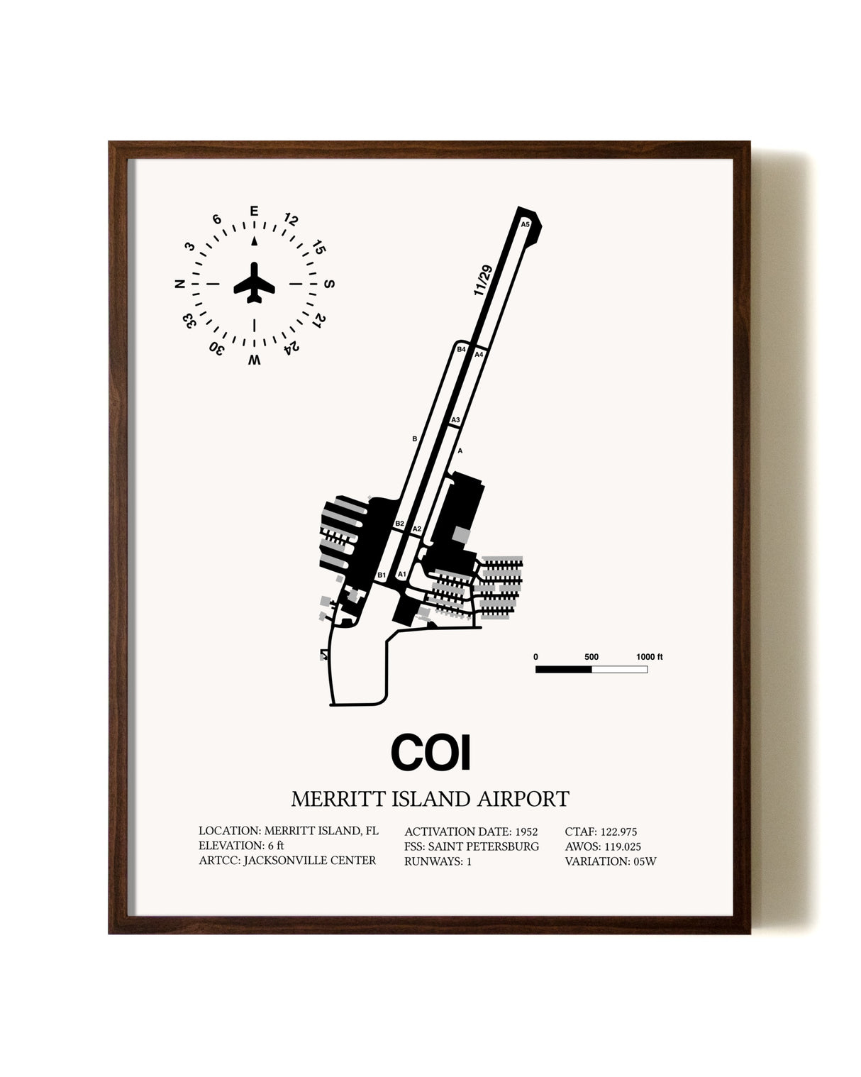 Merritt Island Airport aviation print in walnut frame