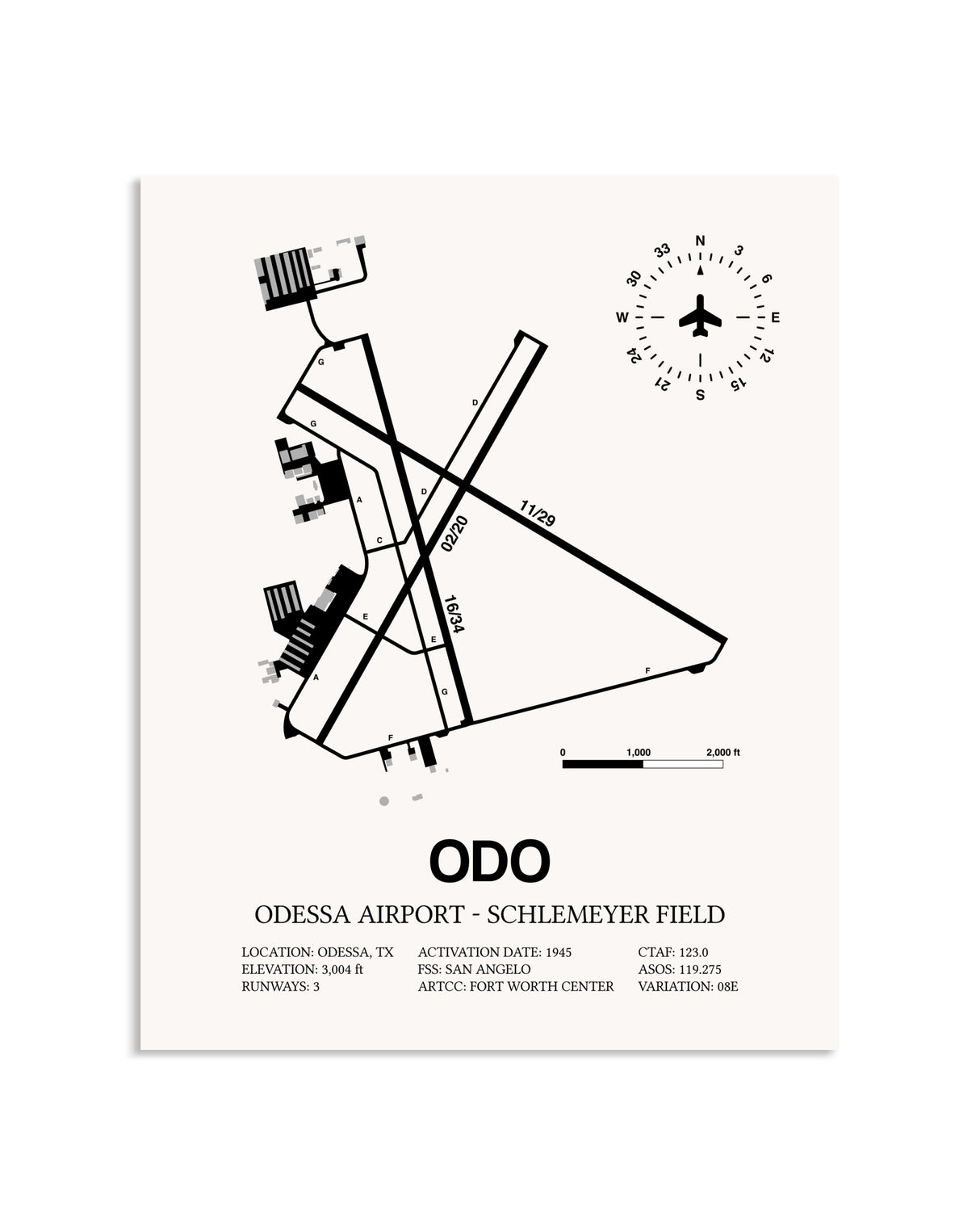 Gray Odessa Airport-Schlemeyer Field framed poster displayed in an airplane hangar