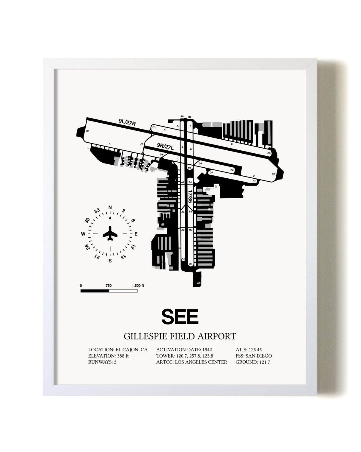 Gillespie Field Airport airport map poster in oak frame