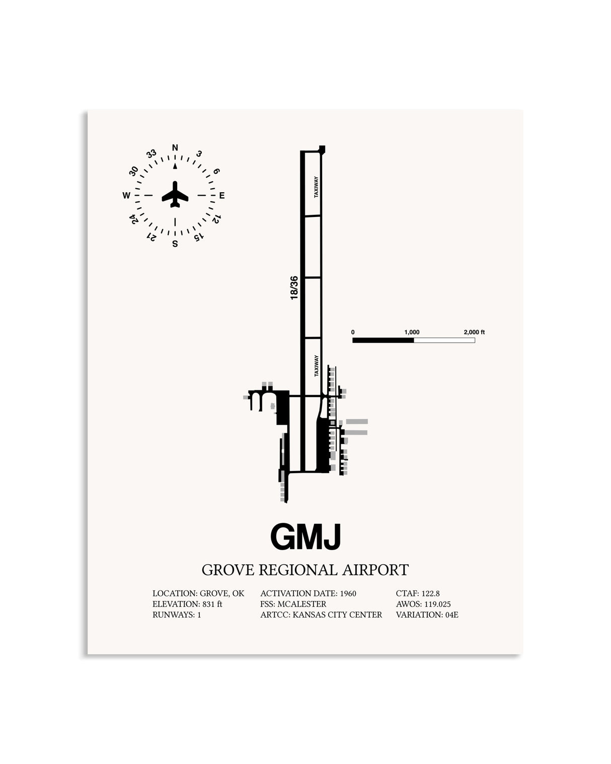 Gray Grove Regional Airport framed poster displayed in an airplane hangar