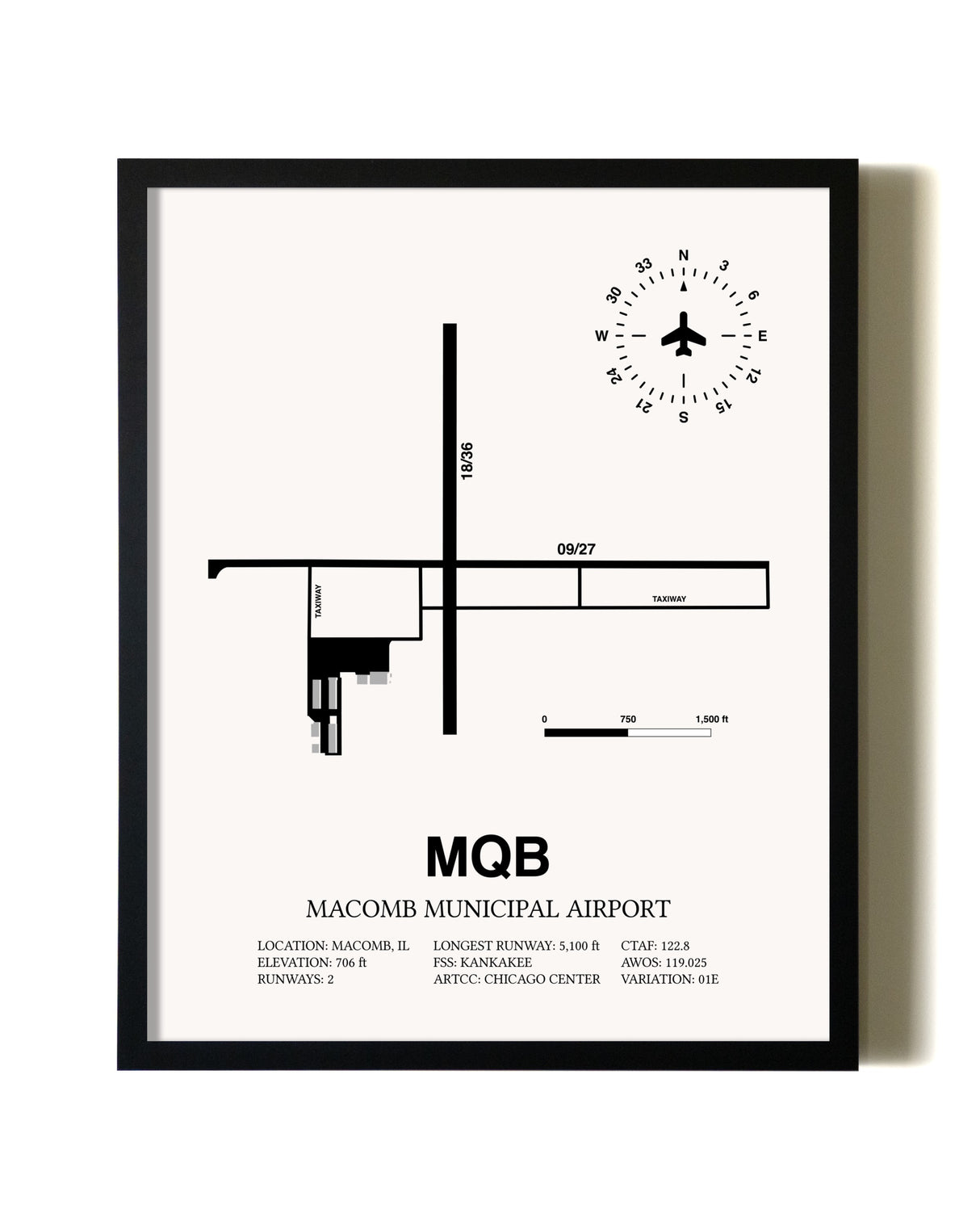 Framed Macomb Municipal Airport wall art poster in black frame