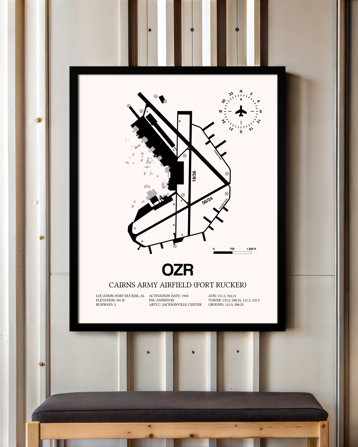 Cairns Army Airfield (Fort Rucker) framed poster displayed in an airplane hangar