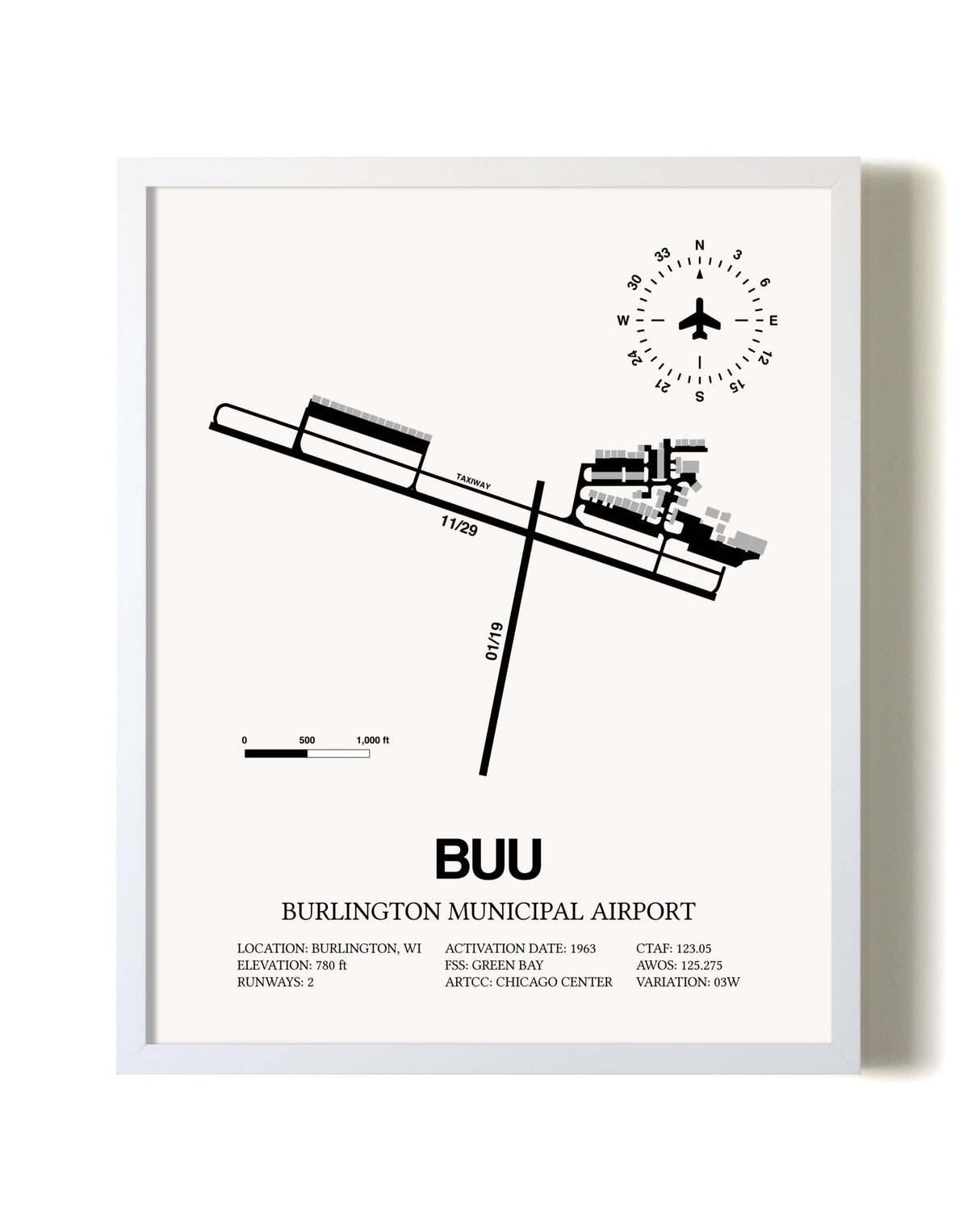 Burlington Municipal Airport airport map poster in oak frame