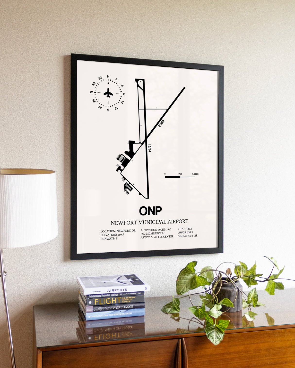 Newport Municipal Airport aviation wall décor in black wood frame