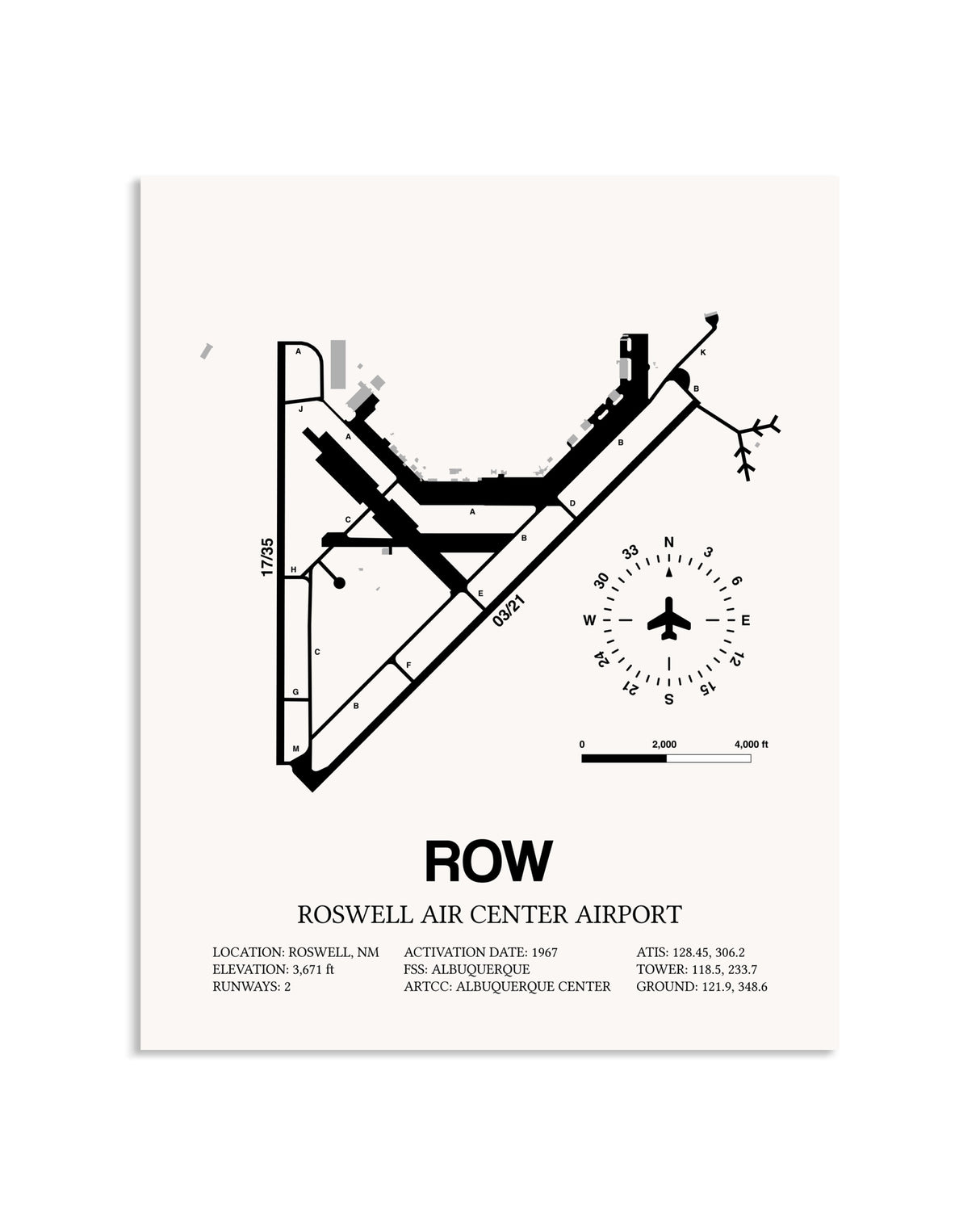 Gray Roswell Air Center Airport framed poster displayed in an airplane hangar