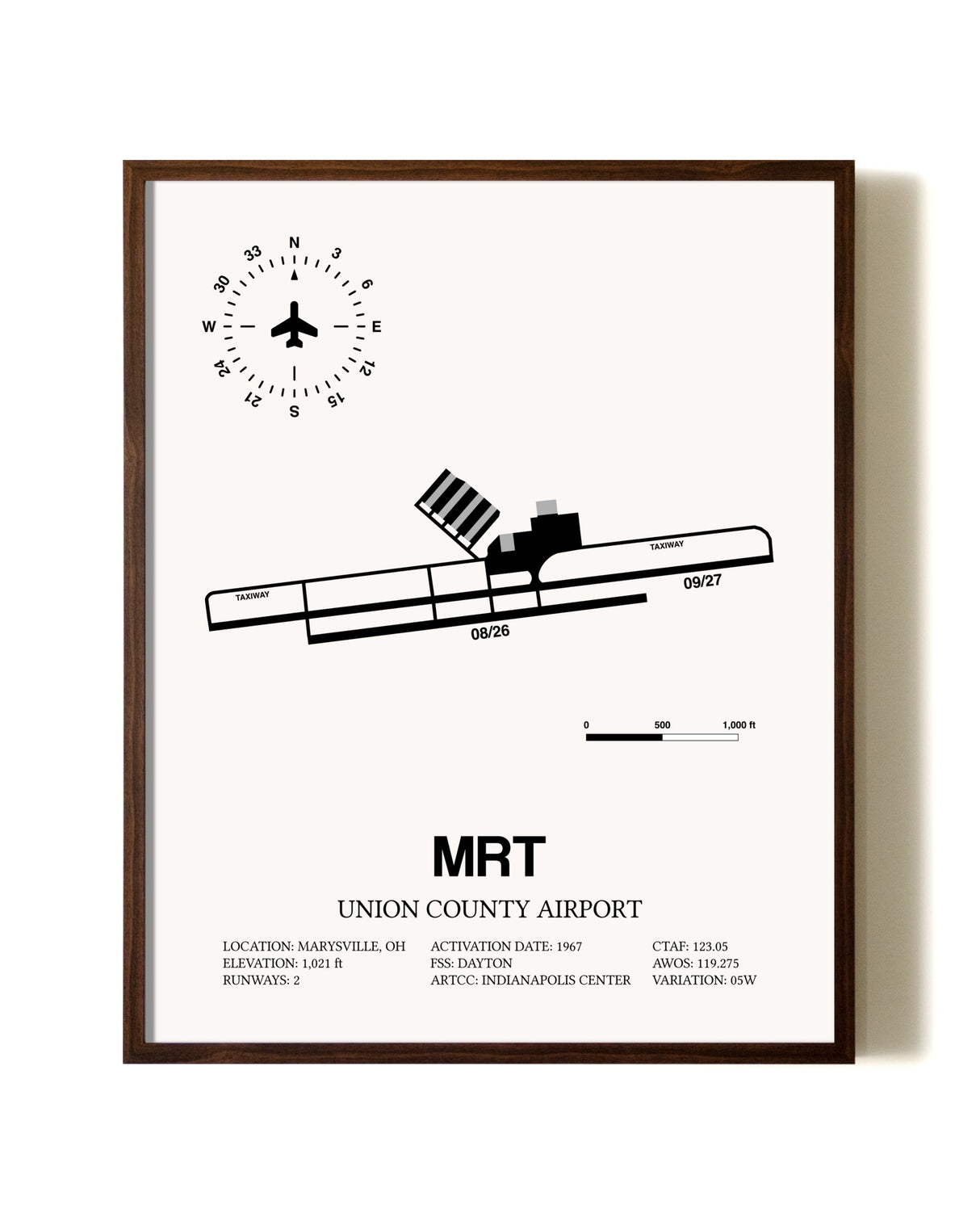 Union County Airport aviation print in walnut frame