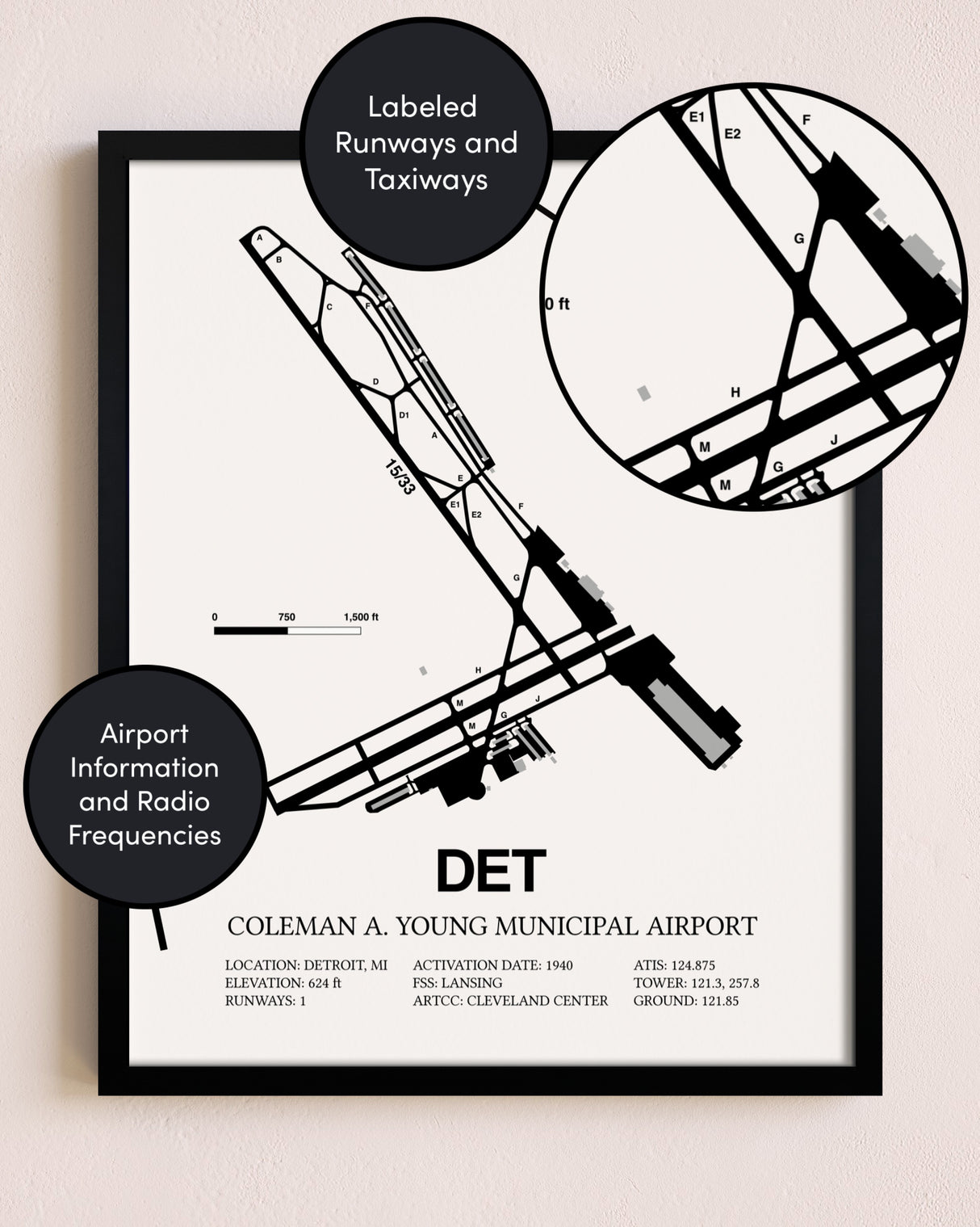Framed Coleman A. Young Municipal Airport layout wall art poster