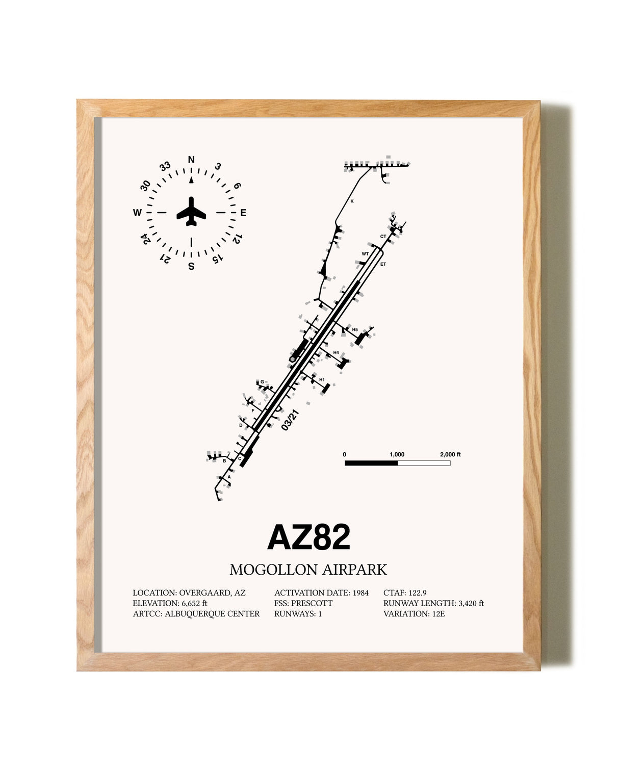 Mogollon Airpark framed print in natural wood frame