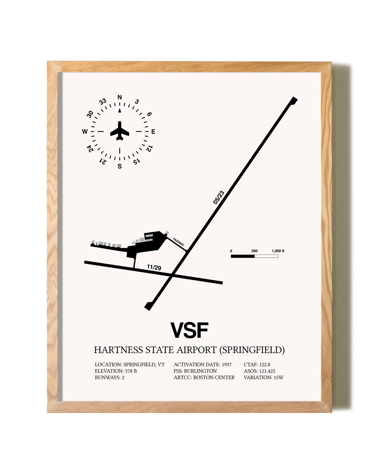 Hartness State Airport (Springfield) framed print in natural wood frame