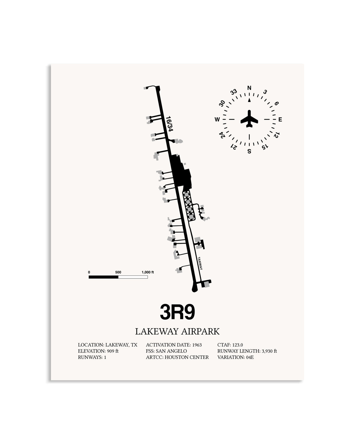 Gray Lakeway Airpark framed poster displayed in an airplane hangar