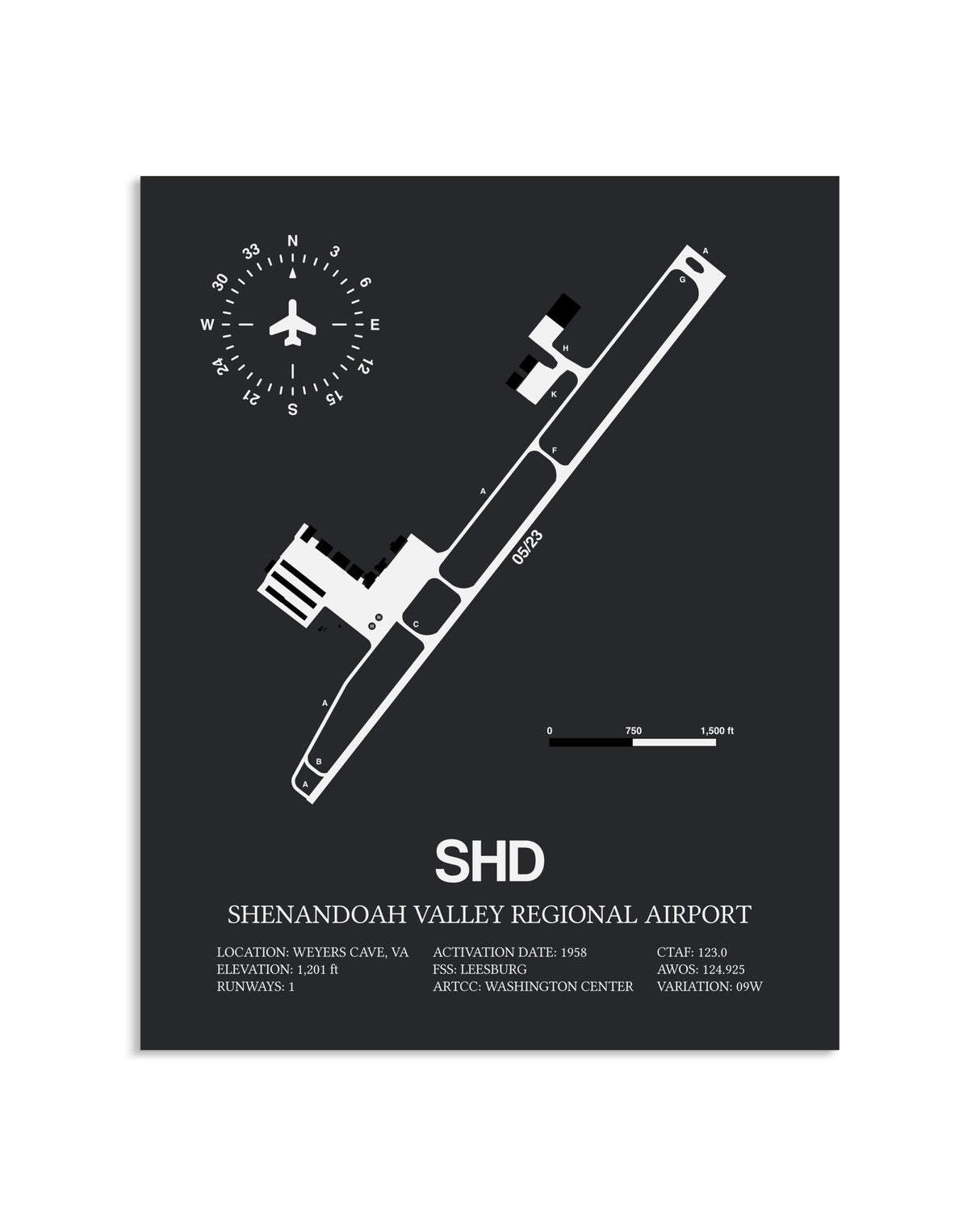 Gray Framed Shenandoah Valley Regional Airport layout wall art poster