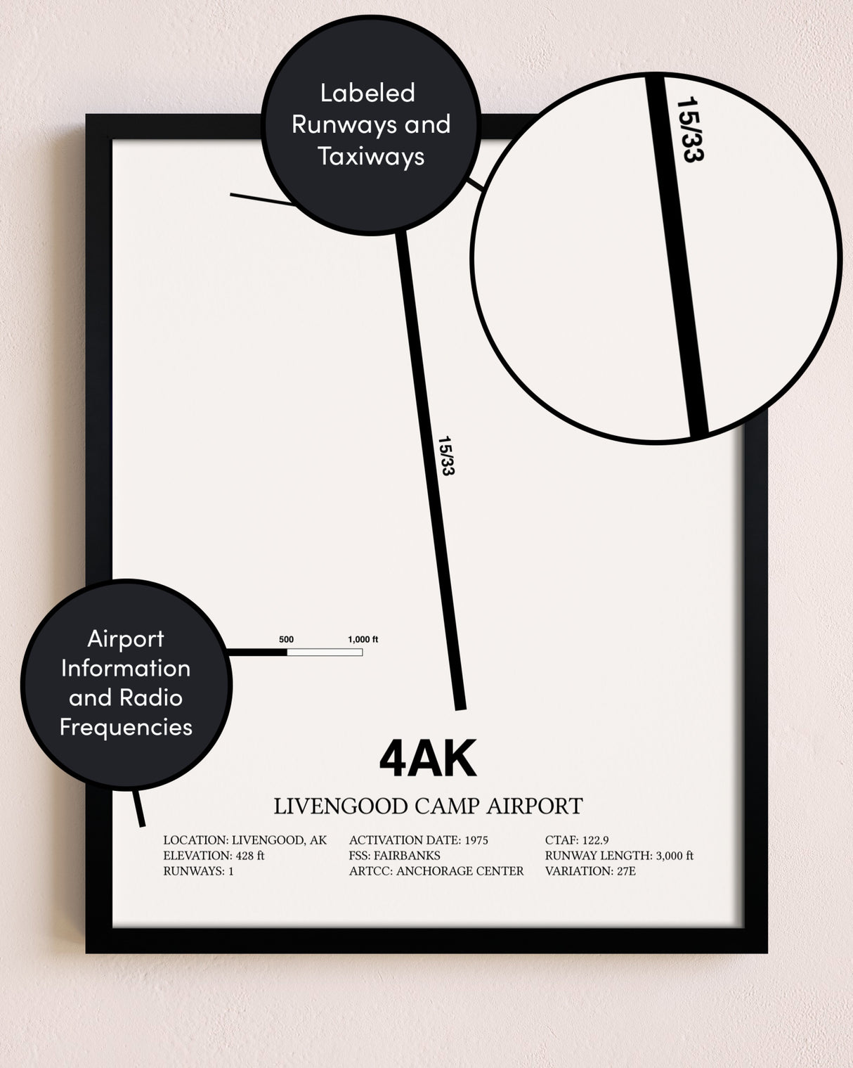 Framed Livengood Camp Airport layout wall art poster
