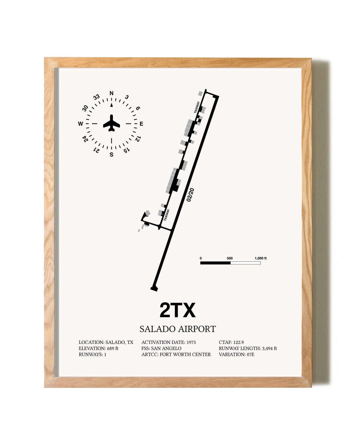 Salado Airport framed print in natural wood frame