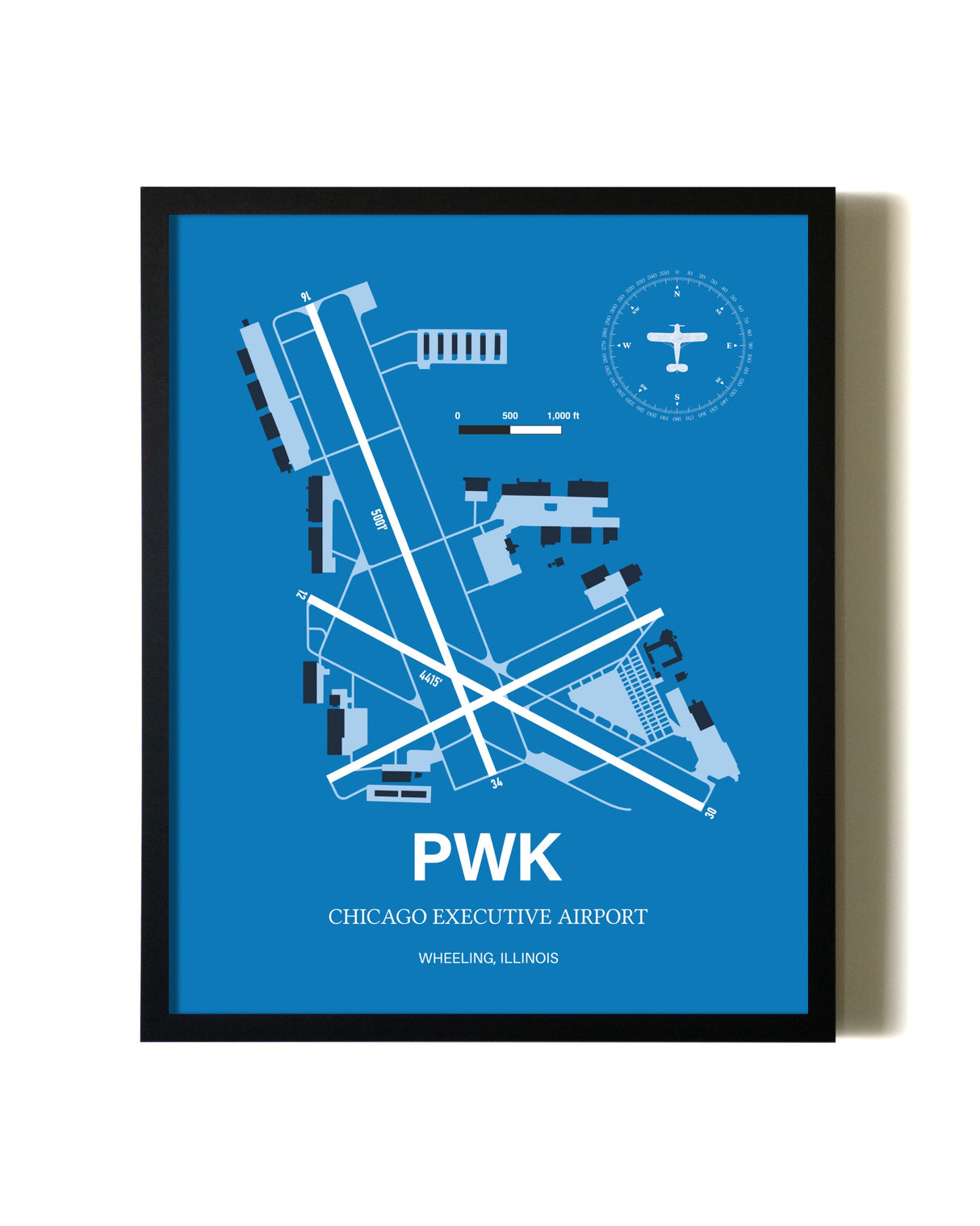 Sky Blue Chicago Executive Airport aviation wall décor in black wood frame