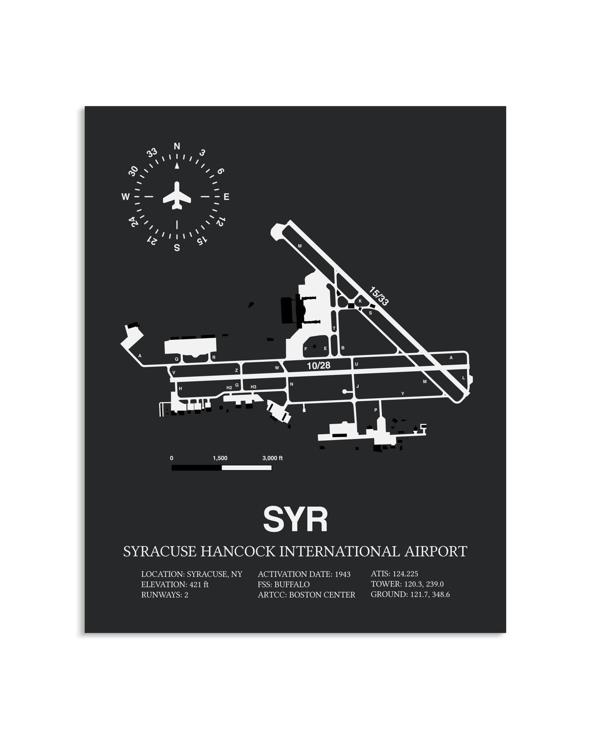 Gray Framed Syracuse Hancock International Airport layout wall art poster