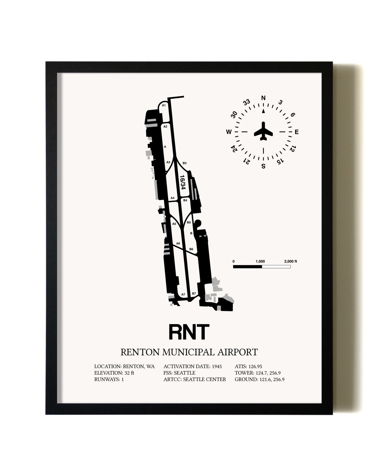 Framed Renton Municipal Airport wall art poster in black frame