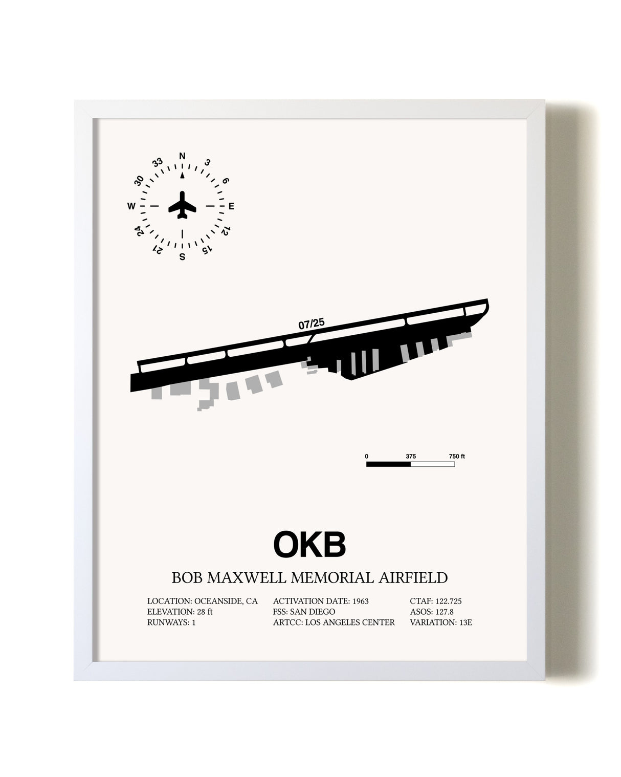 Bob Maxwell Memorial Airfield airport map poster in oak frame