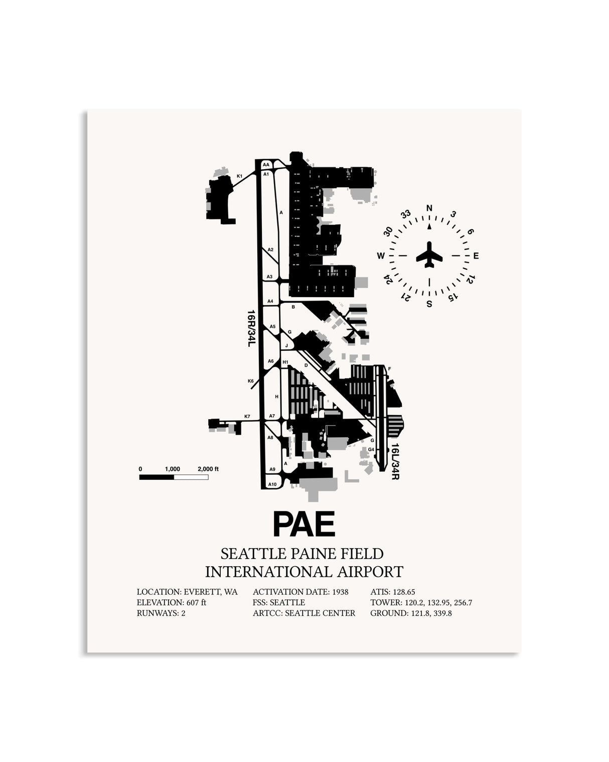 Gray Seattle Paine Field International Airport framed poster displayed in an airplane hangar
