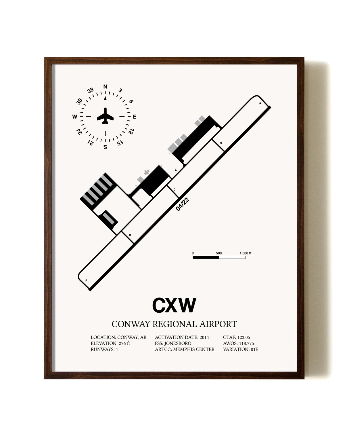 Conway Regional Airport aviation print in walnut frame