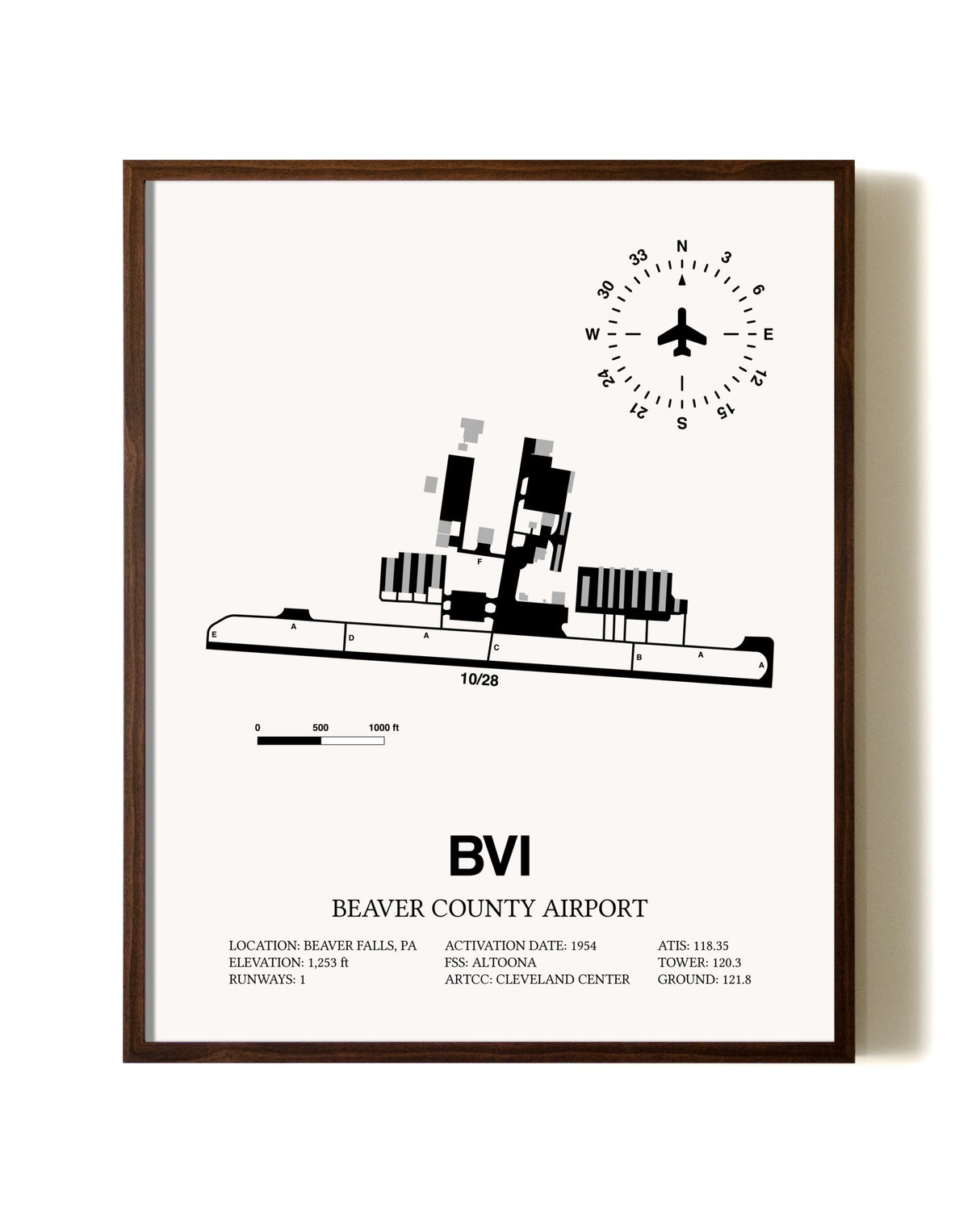 Beaver County Airport aviation print in walnut frame