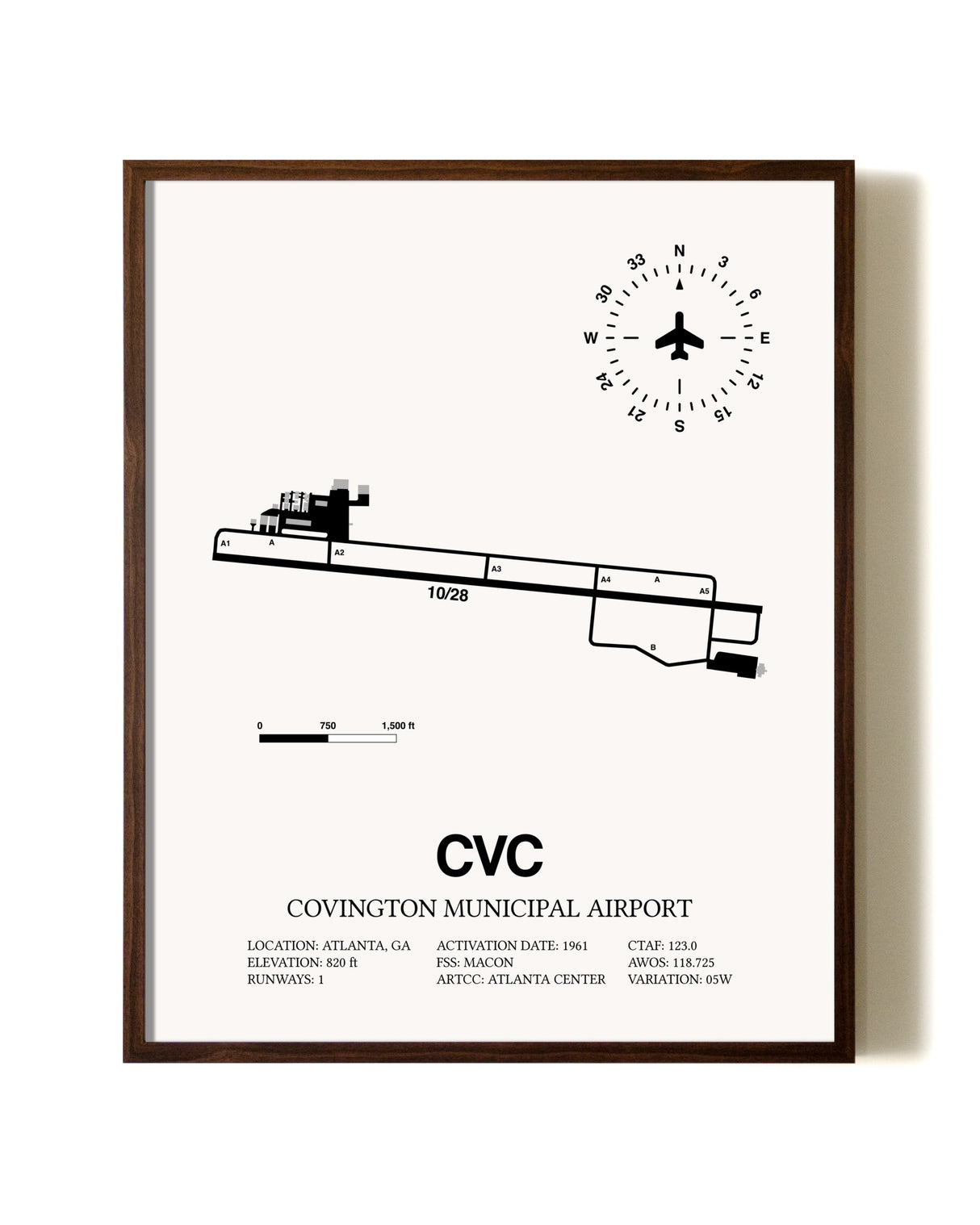 Covington Municipal Airport aviation print in walnut frame