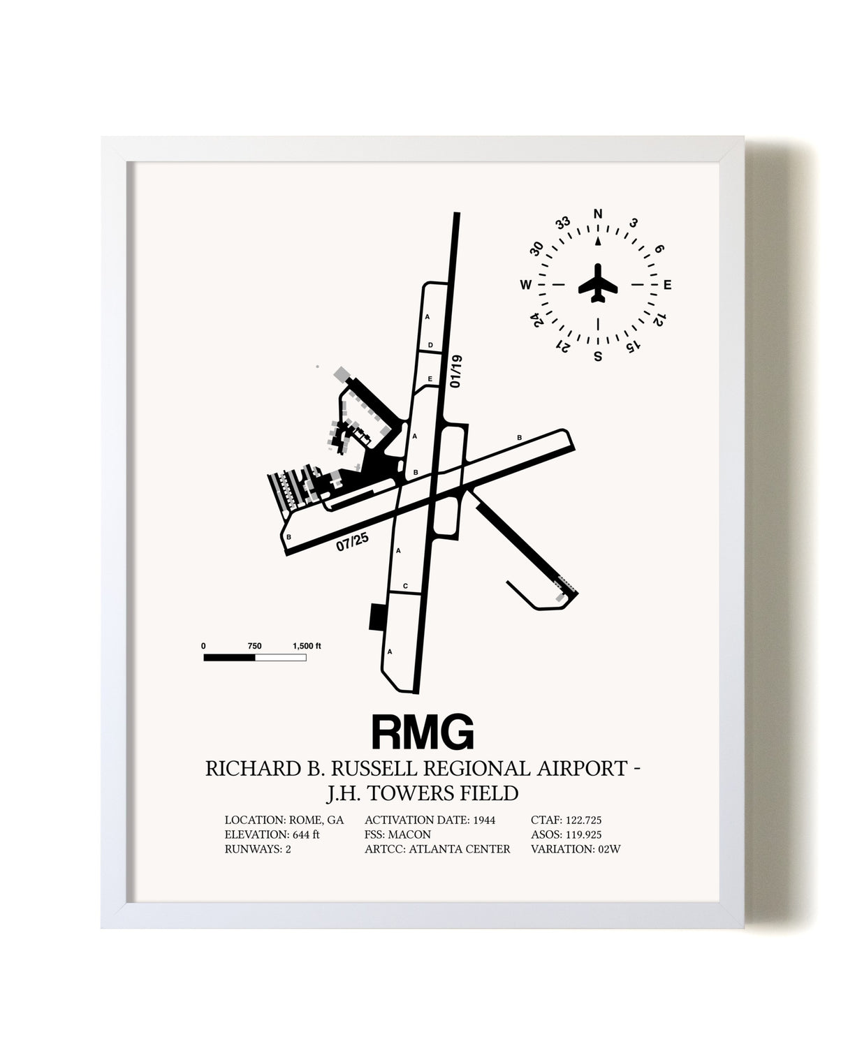Richard B. Russell Regional Airport - J.H. Towers Field airport map poster in oak frame