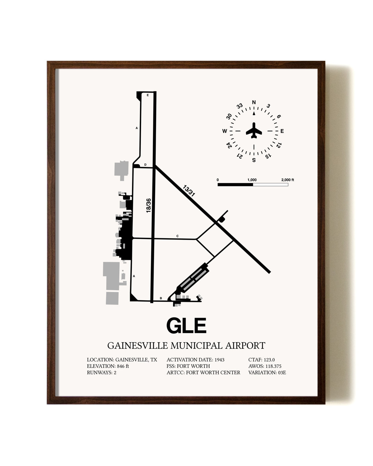 Gainesville Municipal Airport aviation print in walnut frame