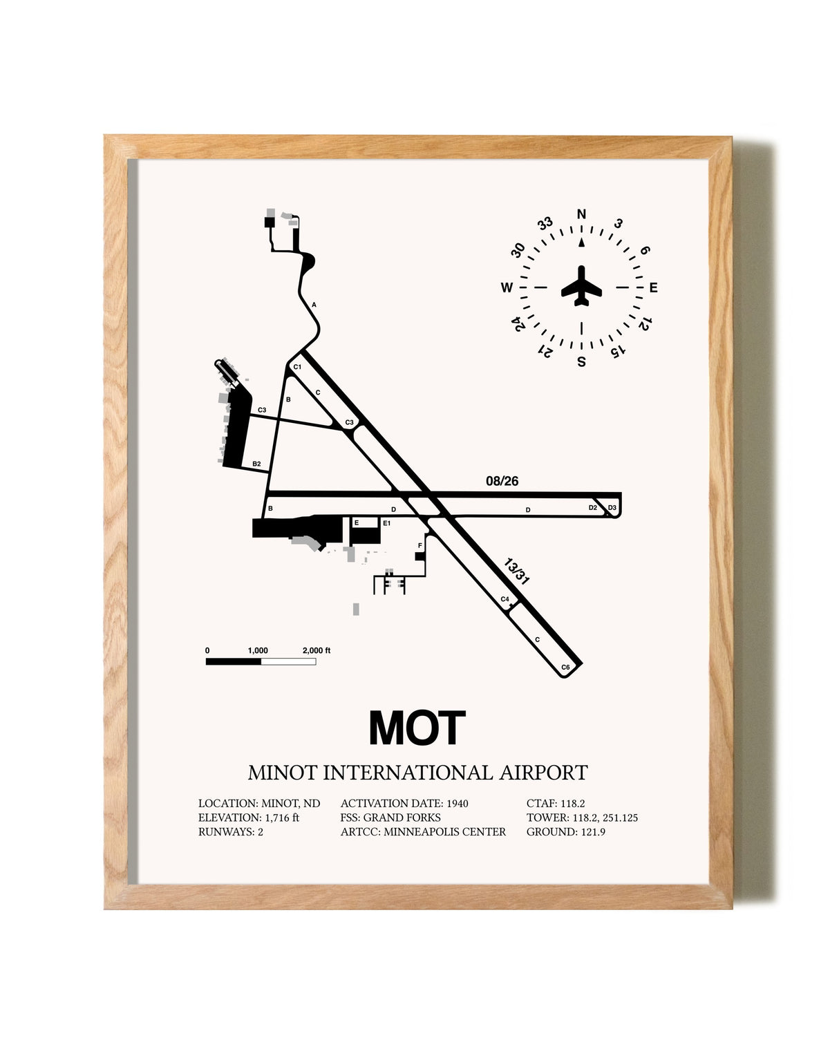 Minot International Airport framed print in natural wood frame