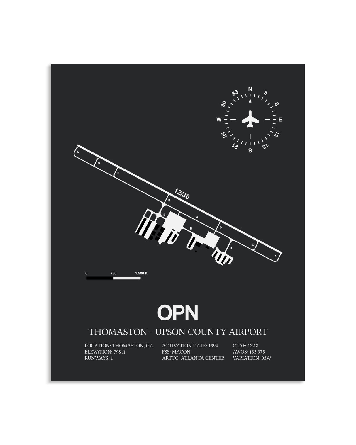 Gray Framed Thomaston-Upson County Airport layout wall art poster
