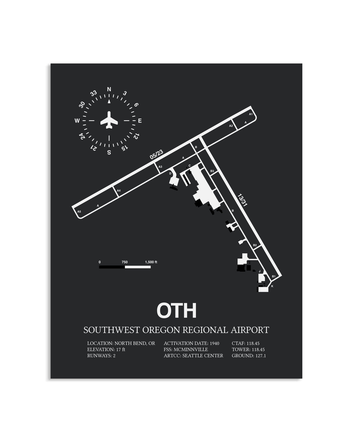 Gray Framed Southwest Oregon Regional Airport layout wall art poster