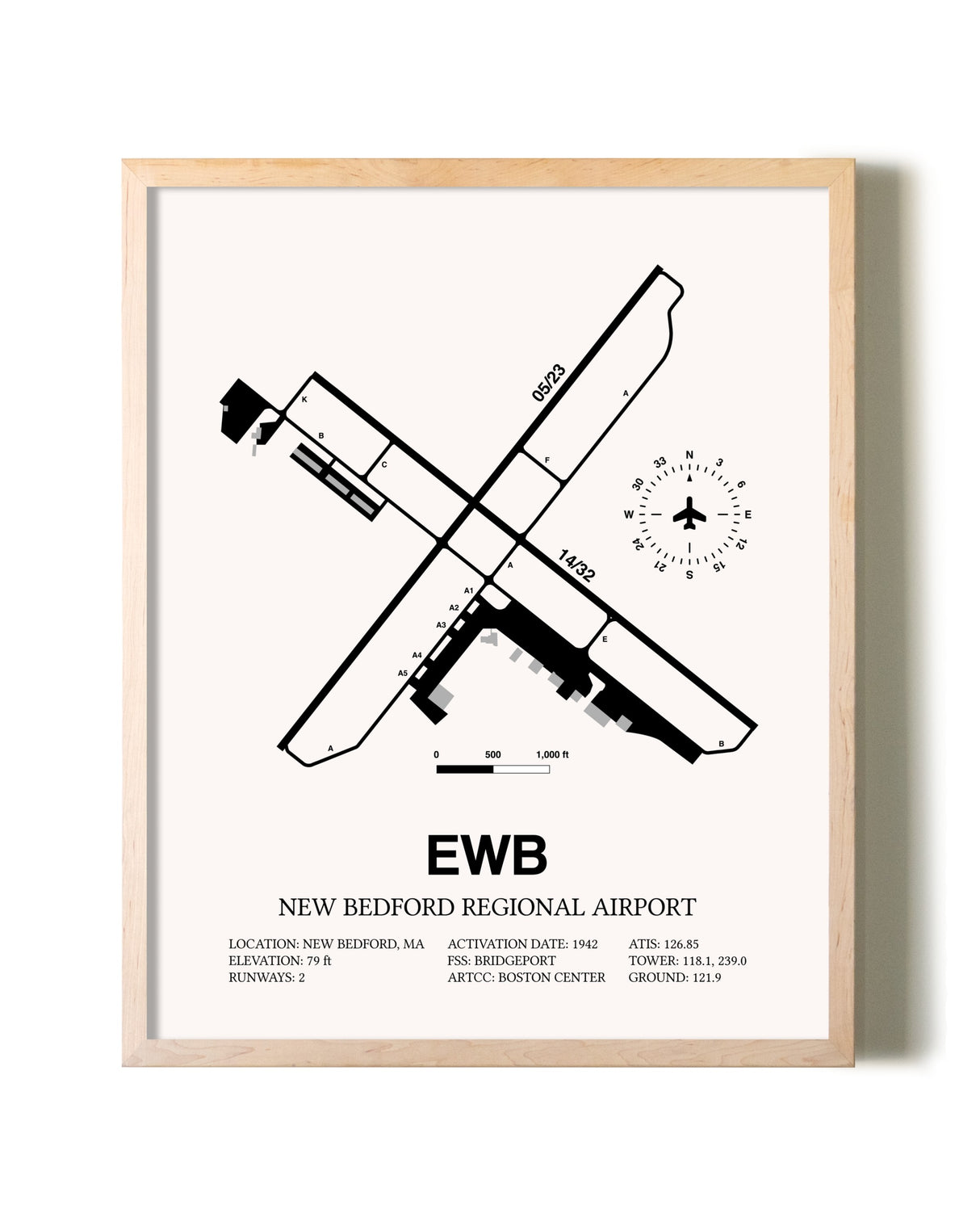 New Bedford Regional Airport framed wall art in white frame