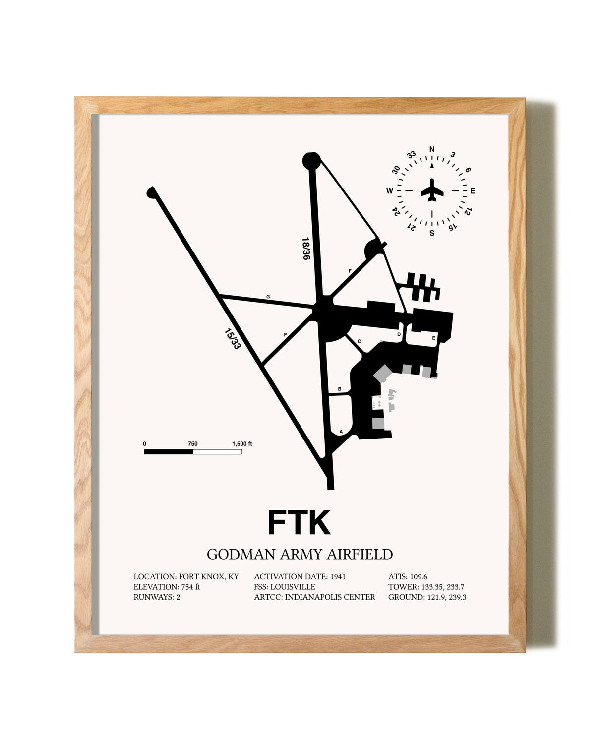 Godman Army Airfield framed print in natural wood frame