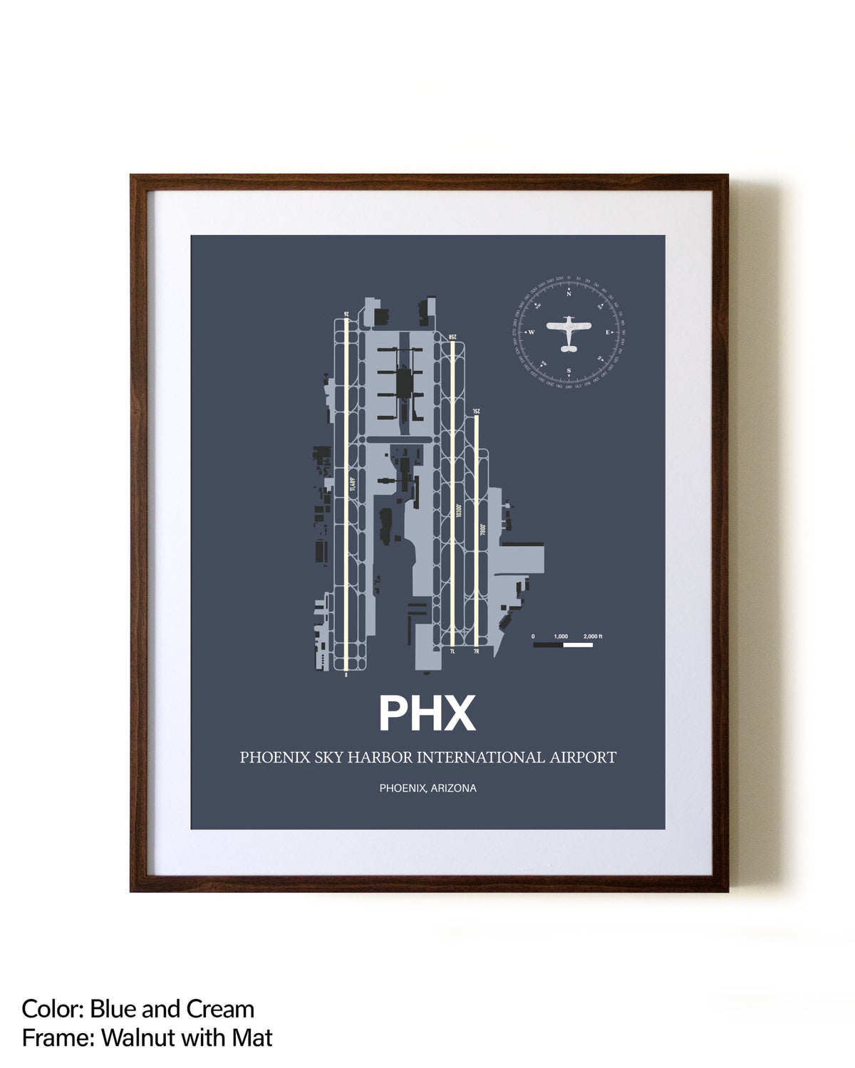 Phoenix Sky Harbor International Airport aviation print in walnut frame with mat