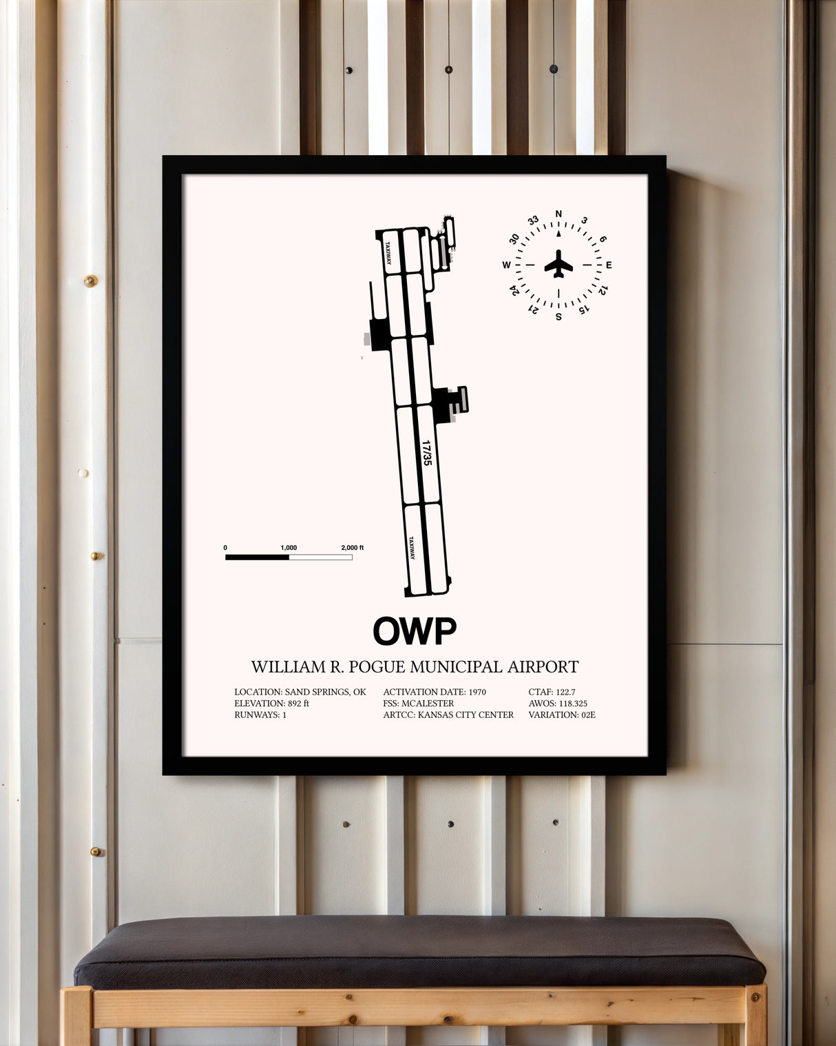 William R. Pogue Municipal Airport framed poster displayed in an airplane hangar