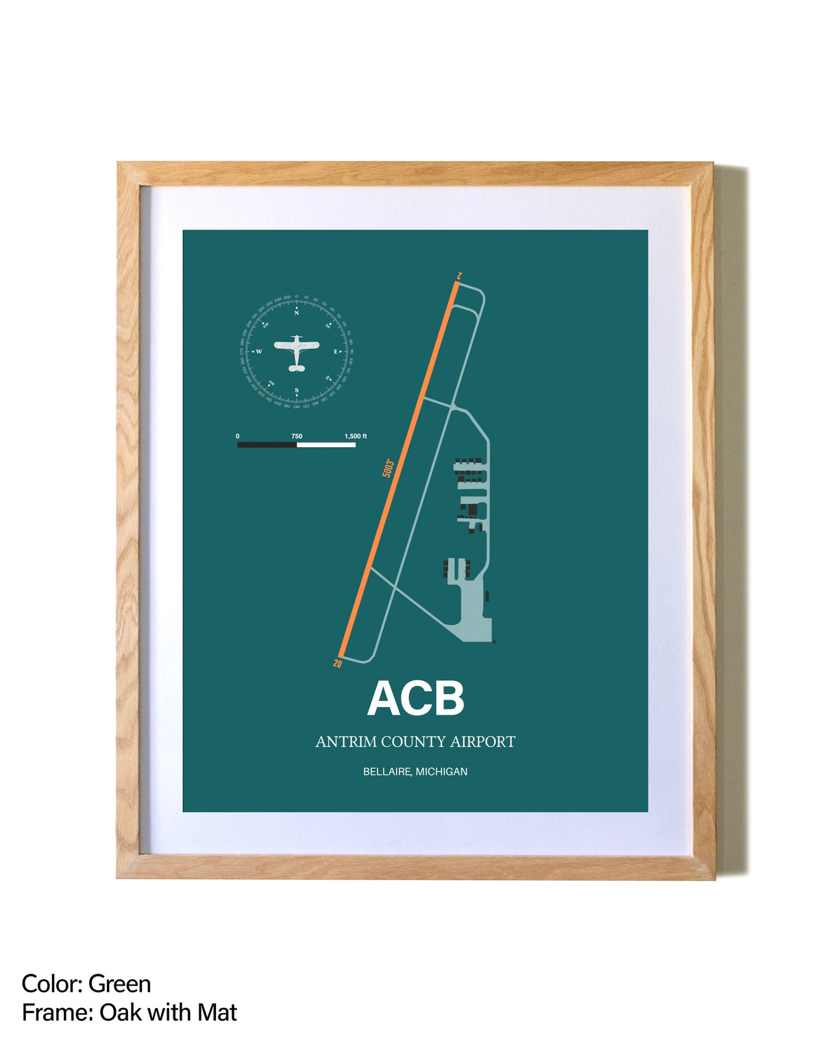 Antrim County Airport airport map poster in oak frame with mat