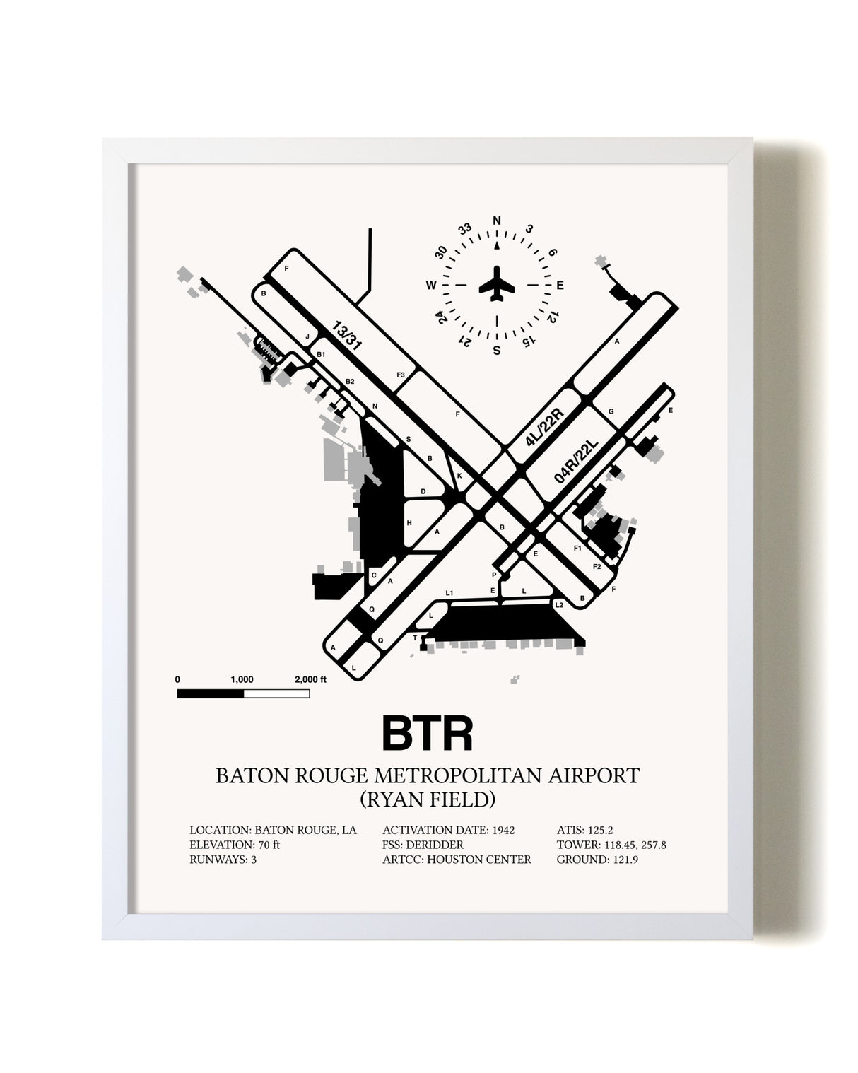 Baton Rouge Metropolitan Airport (Ryan Field) airport map poster in oak frame