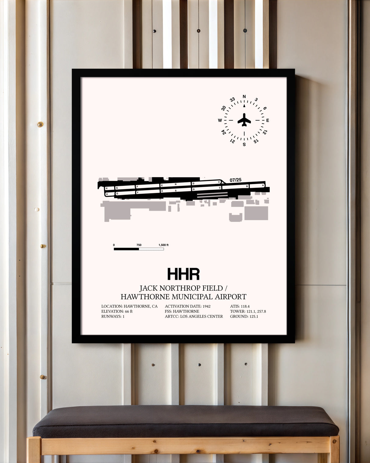 Jack Northrop Field / Hawthorne Municipal Airport framed poster displayed in an airplane hangar