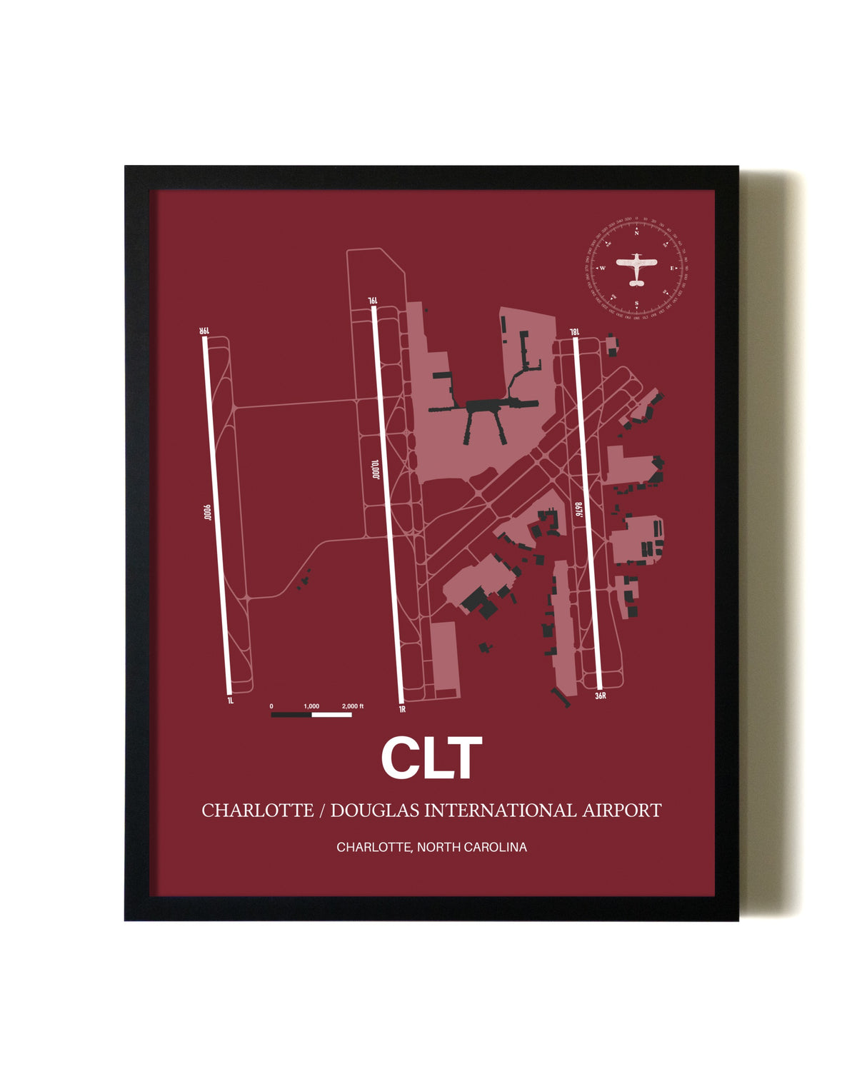 Red Framed Charlotte / Douglas International Airport wall art poster in black frame