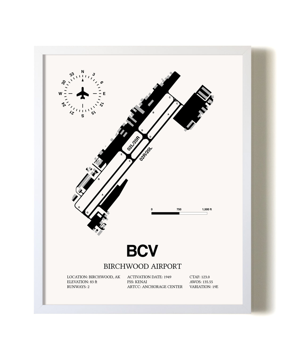 Birchwood Airport airport map poster in oak frame