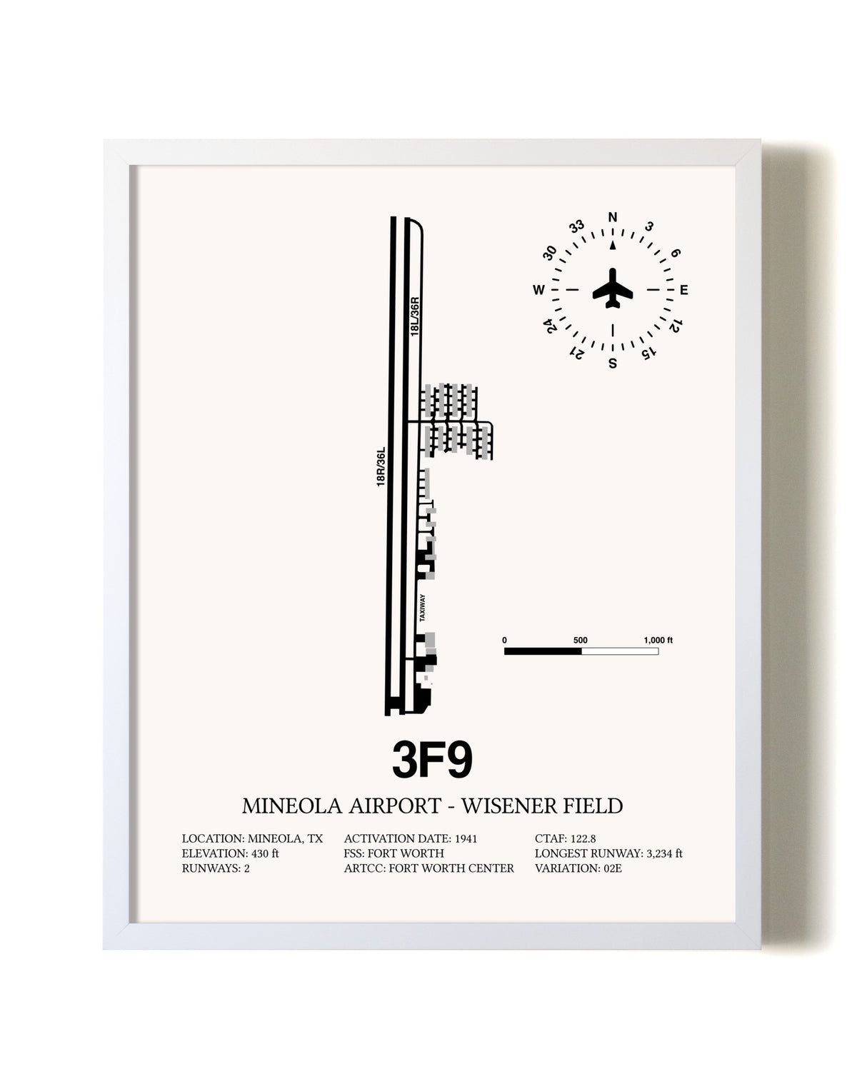 Mineola Airport - Wisener Field airport map poster in oak frame