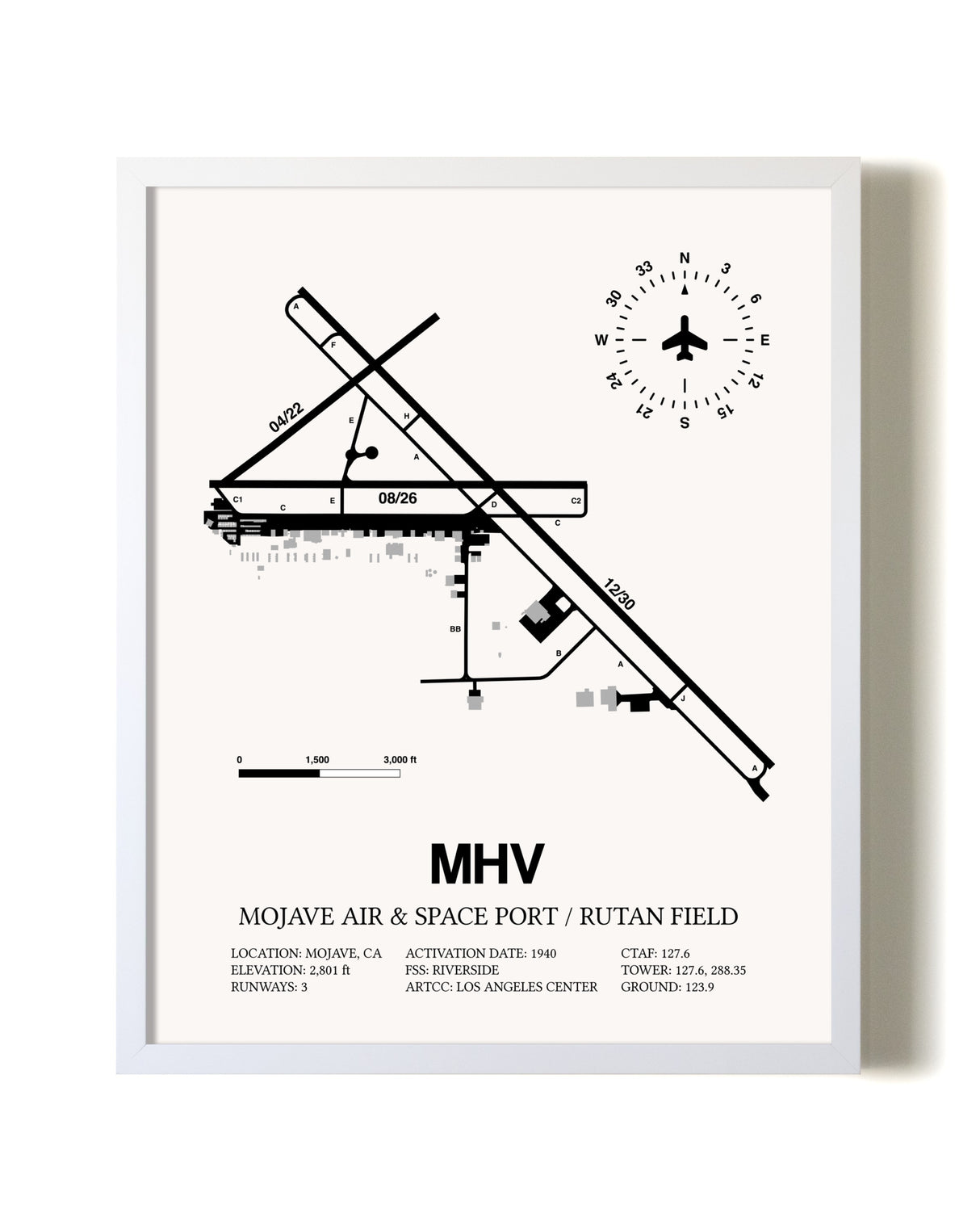 Mojave Air & Space Port / Rutan Field airport map poster in oak frame